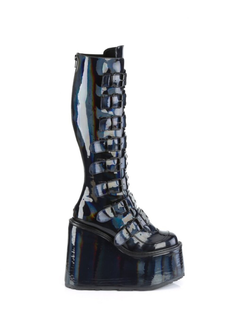 Black Holographic Pat Knee High Boots with 8 Buckle Straps